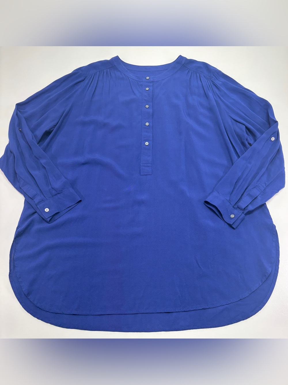 LOFT XL Cobalt Blue Tunic Blouse Roll Tab Sleeve Career Minimalist Classic